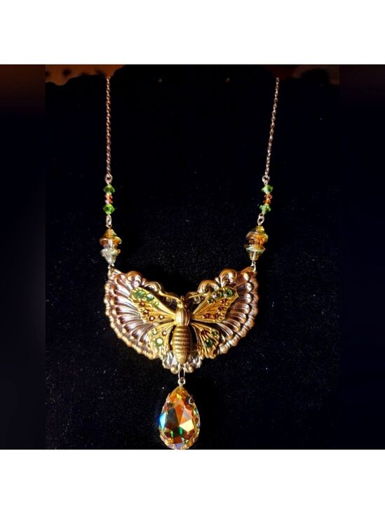 Jewelry - Vintage Butterfly Statement Necklace with Crystal Drop